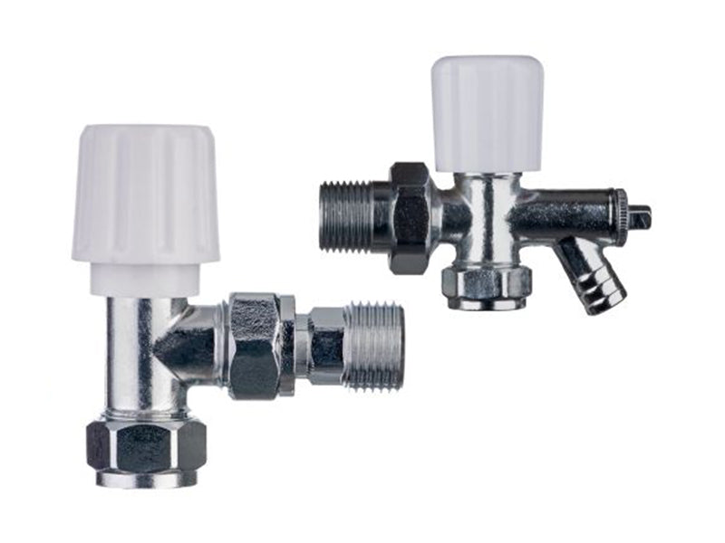 Pair Angle Pattern Standard Radiator Valves with Pair Straight Pattern Standard Radiator Valves Drain Off and 1/2" Nuts & Tails