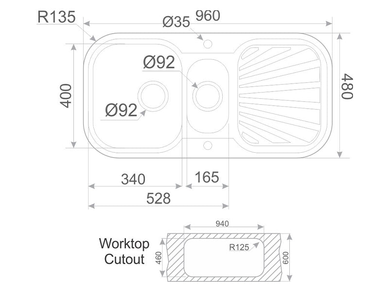 Achilles 960mm x 480mm 1 1/2B 1D S/Steel Inset Sink