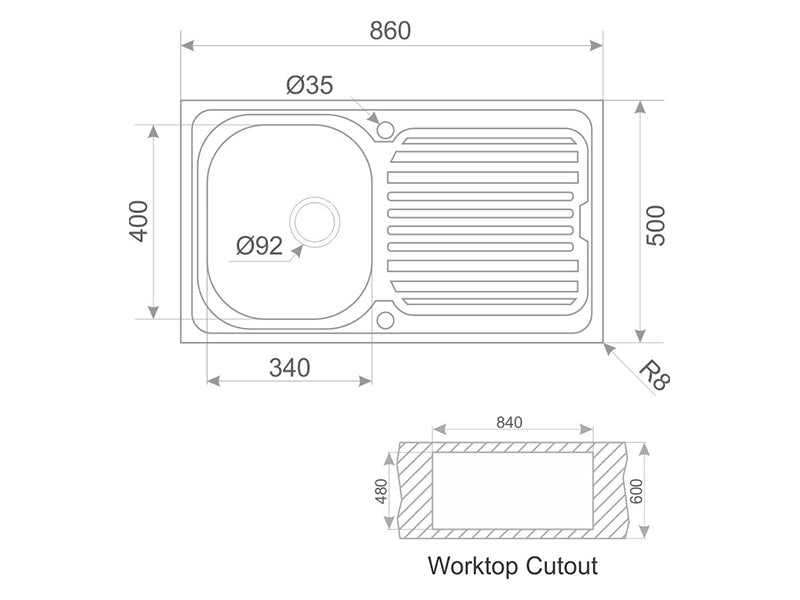 Adonis 860mm x 500mm 1B 1D S/Steel Inset Sink