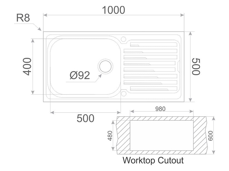 Apollo 1000mm x 500mm 1B 1D S/Steel Inset Sink