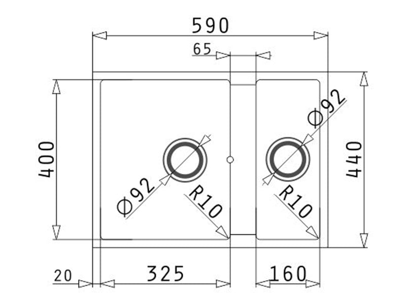 Tetragon Undermount Sink 590 x 440cm 1 & 1/2B - Snow Finish