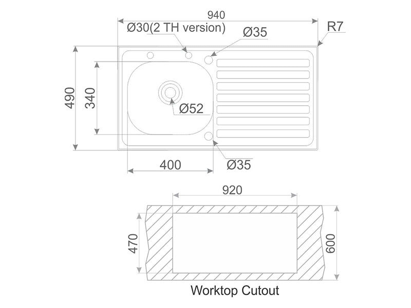 Argos / Hera / Veria 940mm x 490mm 1B 1D Satin Finish Inset Sink