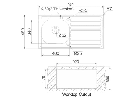 Argos / Hera / Veria 940mm x 490mm 1B 1D Satin Finish Inset Sink
