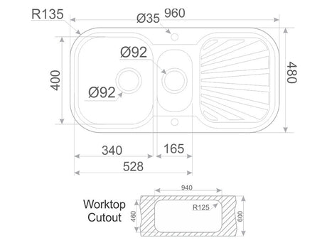 Achilles 960mm x 480mm 1 1/2B 1D S/Steel Inset Sink