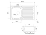 Adonis 860mm x 500mm 1B 1D S/Steel Inset Sink