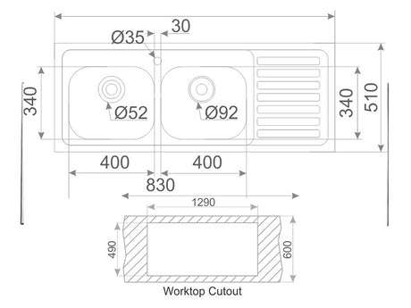 Aigio 1310mm x 510mm 2B 1D S/Steel Inset Sink