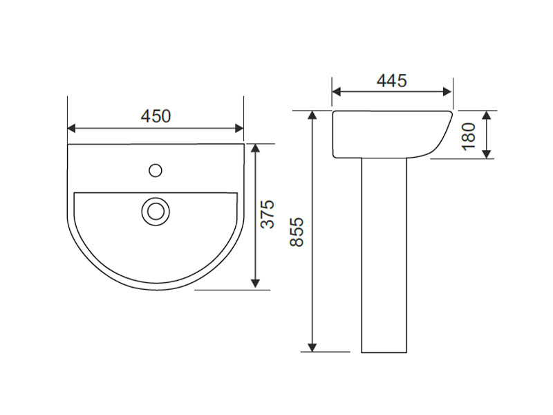 Compact Sanitaryware 450mm 1TH Basin & Pedestal Pack