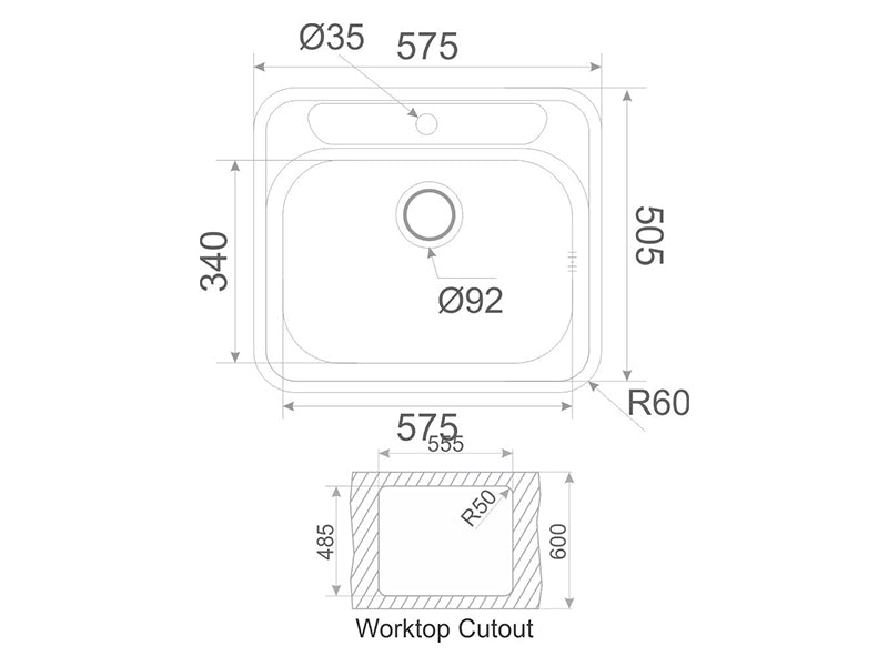 Cronos 575mm x 505mm 1B S/Steel Inset Sink