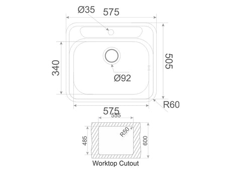 Cronos 575mm x 505mm 1B S/Steel Inset Sink