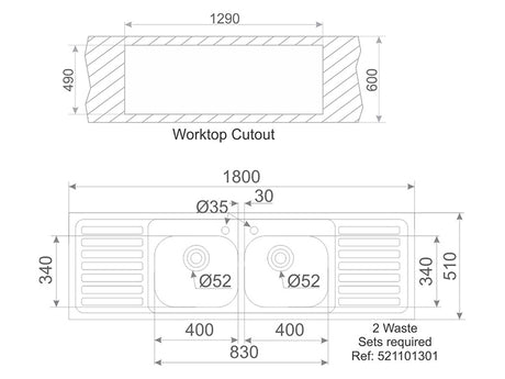 Demeter 1800mm x 510mm 2B 2D S/Steel Inset Sink