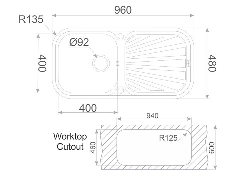Poseidon 960mm x 480mm 1B 1D S/Steel Inset Sink
