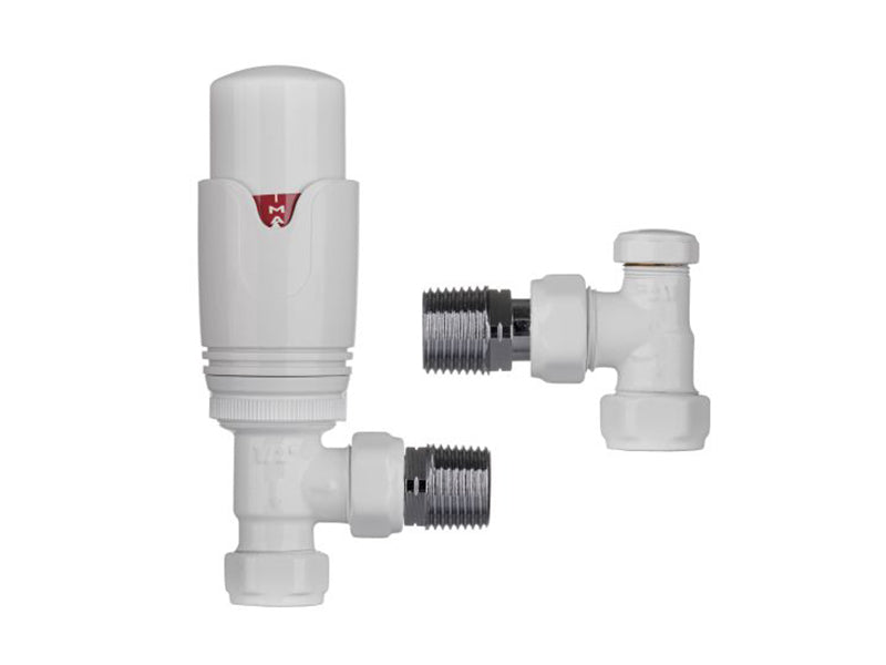 Pair 1/2" White Angled Thermostatic A.P. Radiator Valves