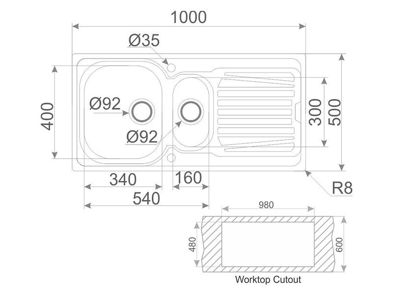 Sparta 1000mm x 500mm 1 1/2B 1D S/Steel Inset Sink