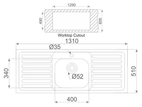 Volos 1310mm x 510mm 1B 2D S/Steel Inset Sink