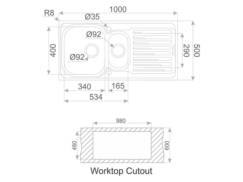 Zeus 1000mm x 500mm 1 1/2B 1D S/Steel Inset Sink